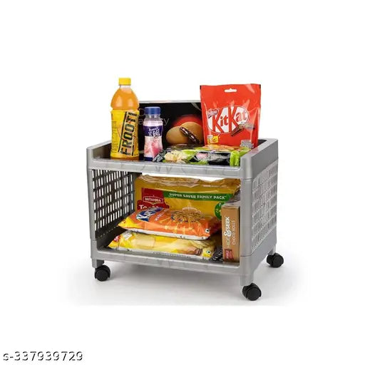 Grey storage organizer, 2 layered, multi-purpose, kitchen and office rack with wheels