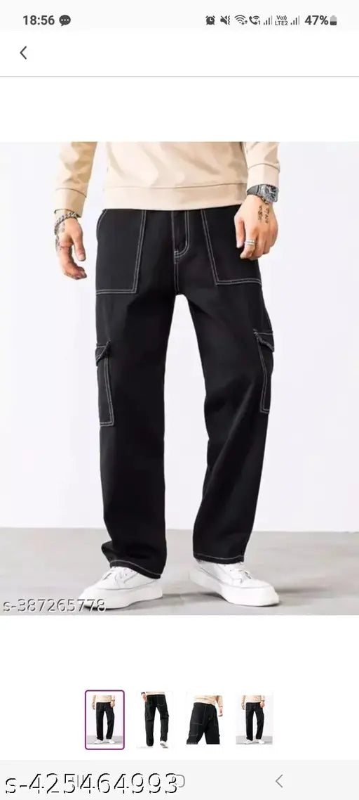Solid denim men's 6-pocket cargo jeans, perfect for casual wear. (Size 28, 30, or 32) Made in India