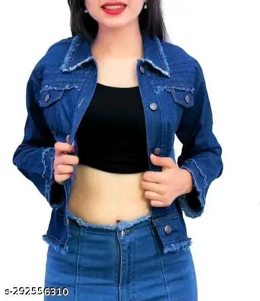 Trendy, blue denim jacket with black trim for girls or kids