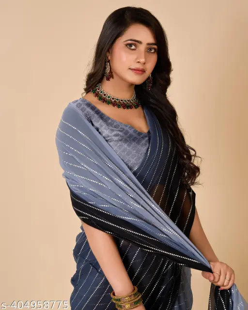 Chiffon peddle print saree with silver jari work, vibrant Indian festival wear in free size (5.3m x 0.8m)