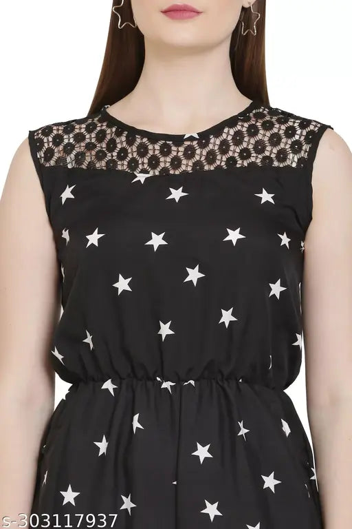 Stylish crepe sleeveless printed net jumpsuit, trending fashion for women in various sizes from S to XL