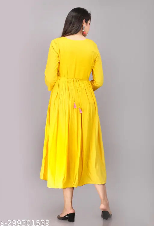 Yellow cotton anarkali style kurta with embellished embroidery details