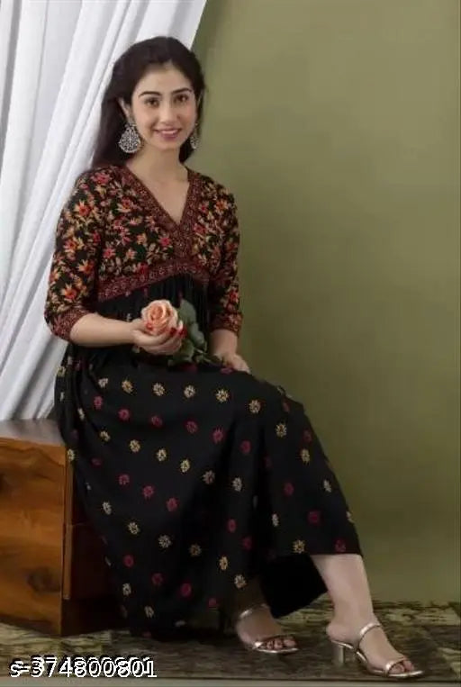 Black rayon Anarkali kurti, three-quarter sleeve, floral printed party wear gown for women's ethnic wear, beautiful design from India
