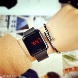Black, digital watch with a black band and a blue face featuring a red time reading of 4:12
