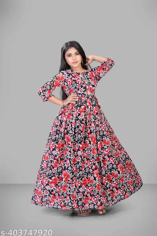 Cotton blend printed net girl's dress with three-quarter sleeves, showcasing a ruffled design for 2-year-old girls, by Saara Company. Indian manufacture from Agile Funky Girls Frocks & Dresses