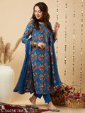 Blue cotton blend floral printed straight kurta with trousers & dupatta - Indian women's fashion attire featuring three-quarter sleeves and poly chiffon bottomwear