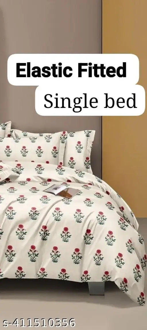 Single bed polycotton, superfine floral elastic fitted bedsheet with 1 pillow cover, ideal for summer adult use, India origin