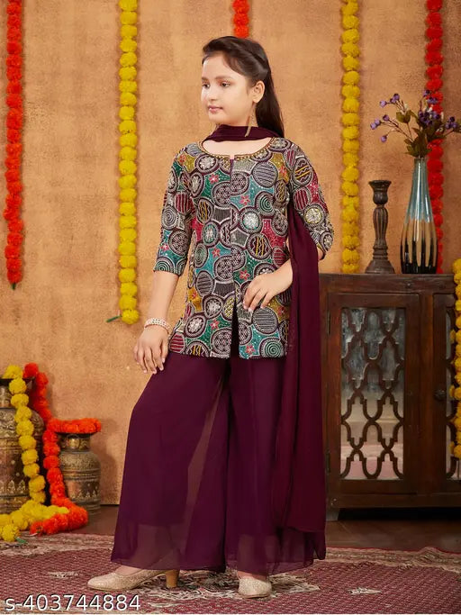 Wine color sequin embroidery Georgette kurti sharara set for girls, Aarika contemporary ethnic wear