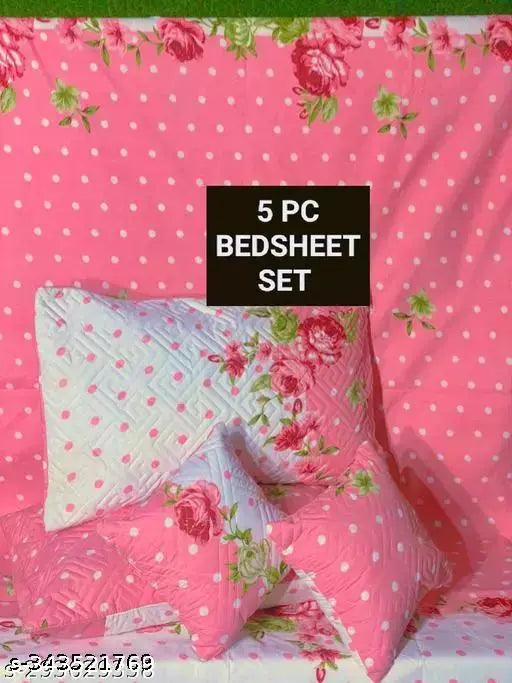 Luxmi Cotton Fabrics | 5 Pcs Bedsheet Set (1 King Size Bedsheet + 2 Pillow Covers with Embroidery + 2 Cushion Covers with Embrdery with Fillers)®