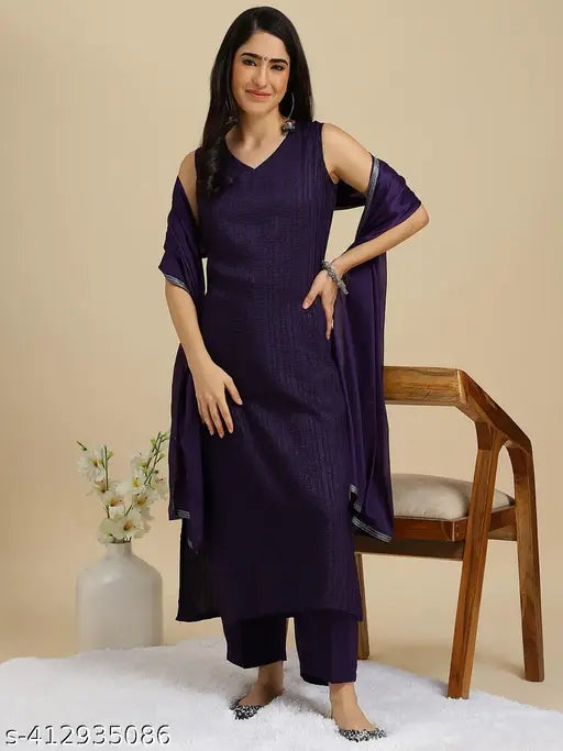 Womens black and purple silk kurta set with dupatta