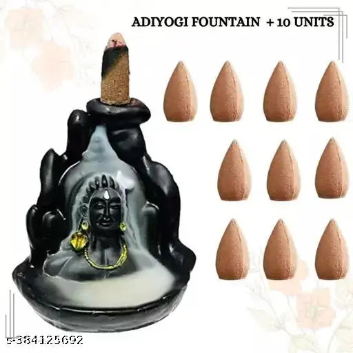 Black ceramic Shiva backflow smoke fountain incense holder, includes 10 units of backflow incense cones
