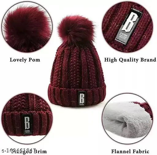 Maroon acrylic knit cap with fur lining, matching neck scarf
