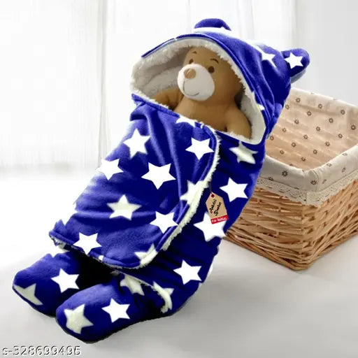 Premium polyester hooded star-printed baby blanket for newborns to 6 months, soft and comfy with attached hood, classic evergreen design, free size (75x68in), made in India
