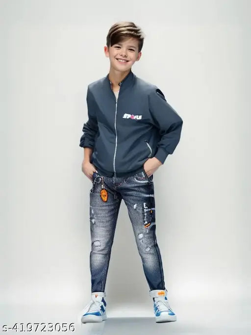 Kids winter coat, HKK brand, solid polyester blend material, navy blue color