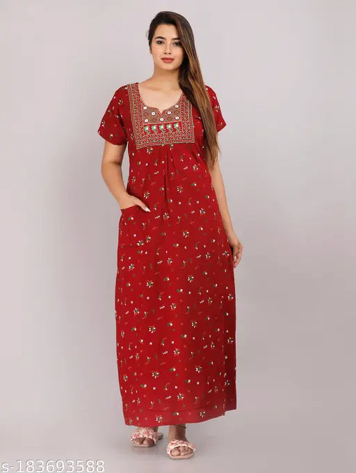 Cotton printed embroidered maxi, free size Indian women's summer outfit with short sleeves
