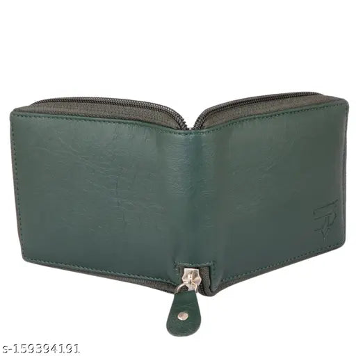 Green PU zip wallet, 2 compartments, well-crafted men's wallet made in India