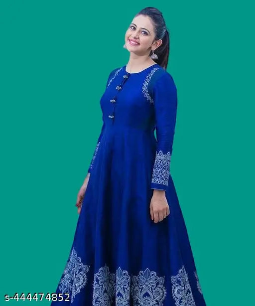 Royal blue rayon anarkali gown featuring Rakul Preet Singh printed design, long sleeves and fitted silhouette