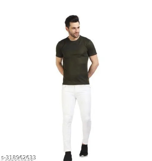 White polycotton designer jeans, slim fit with solid white color for casual and party wear. Size 28, 30, 32 (waist 28, 30, 32 in; length 39 in). Made in India