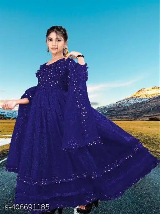 Pink printed net ethnic gown with dupatta (N) for girls aged 5-16, traditional Indian partywear from India