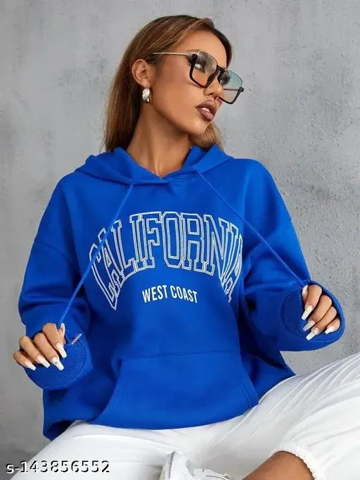 Royal B-white printed sweatshirt hoodie with hooded cap & kangaroo pockets, California slogan, made for a cool aesthetic and regular fit, perfect for winter and casual occasions, fleece material, size chart attached for reference