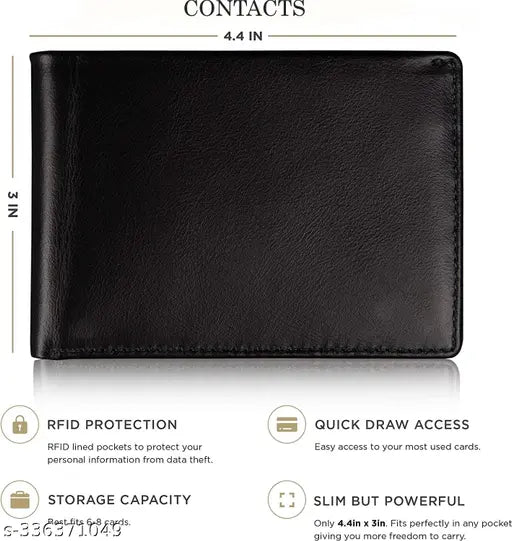 Black genuine leather men's card case wallet, ideal for daily use with 2 compartments, solid design, free size (L:9cm W:11cm), made in India
