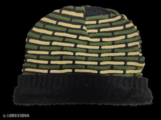 Multicolor knitted wool skull cap for winter, stretchy acrylic material with fur lining, self-design basket weave pattern, one size fits most