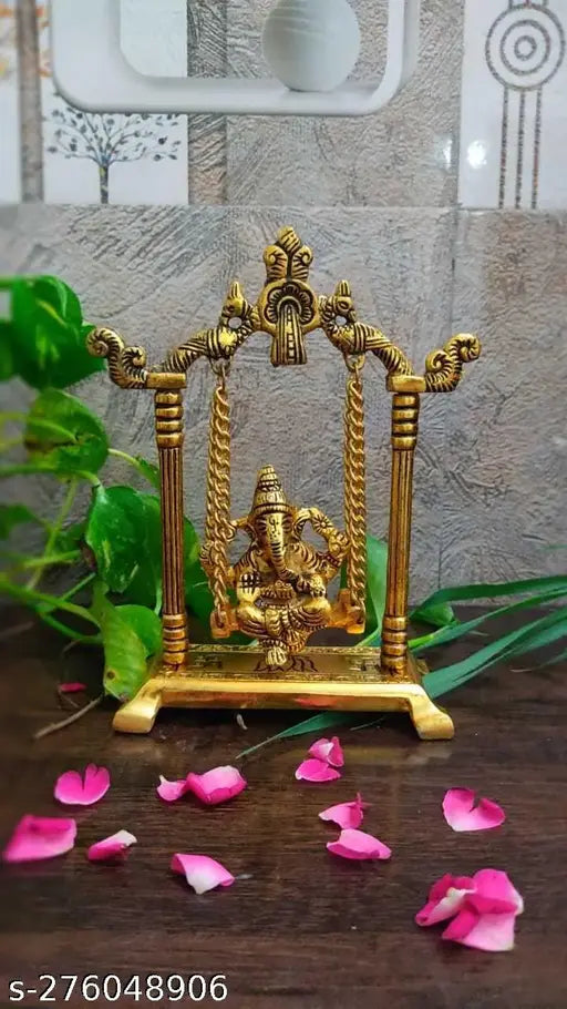 Metal Ganesh Jhula Idol for Vastu, home, temple, office, gifting. L-B-H 16x6x21 cm, traditional Indian luck and happiness symbol