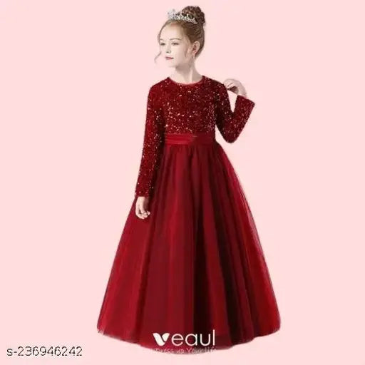 Red long-sleeve formal dress with net and velvet fabric, sequin embellishments