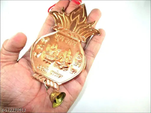 Metal Hindu Ganesha Lakshmi Subh Labh Kalash with Bell - Gorgeous Indian wall hanging for spirituality, wealth, and good luck