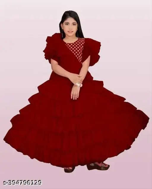 Printed net fifteen creation kids gown, short sleeves for girls formal wear, size 5-16, Indian origin