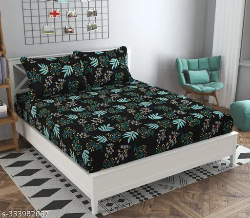 Multi-colored elastic fitted double bedsheet (90x90) & 2 pillow covers (78x72), Soniasaa brand, cotton, 240 thread count, ideal for AC rooms, machine washable