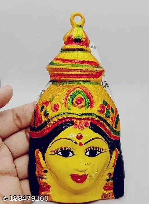 Yellow oxide god idol, Religious Ammavari Face/Varalakshmi Face idol for puja on display stand, decorative Varalakshmi mask for pooja during Vartha festival in South India