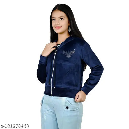 Velvet winter jacket sweatshirt with hood (self-design), long sleeves, 8-9 years to 12-13 years, Indian origin