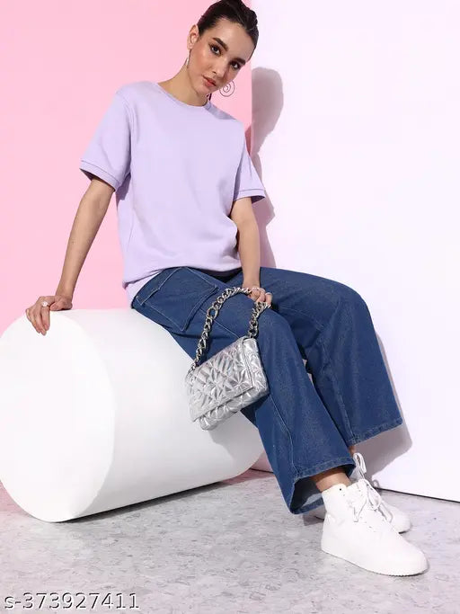 Lavender cotton oversized sweatshirt for women, solid pattern, short sleeves