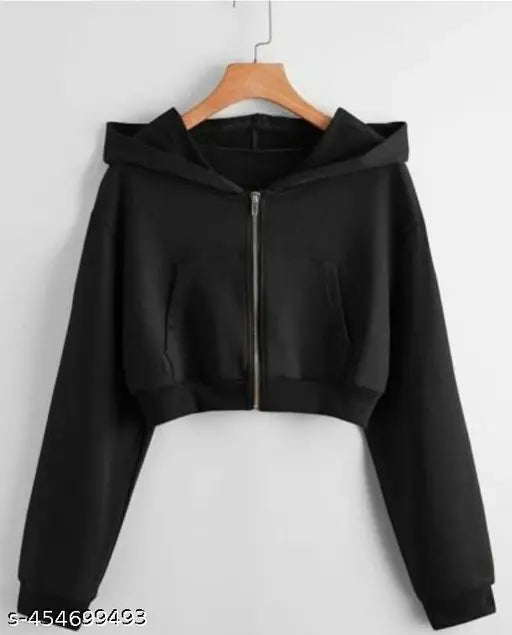 Black fleece crop hoodies for women and girls, solid design, long sleeves