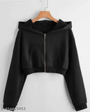 Black fleece crop hoodies for women and girls, solid design, long sleeves
