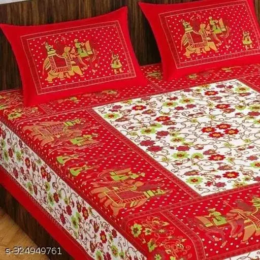 Red floral cotton double bedsheet with 2 pillow covers, featuring elephant design.