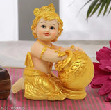 Poly Resin Krishna Idol, Bal Krishna Murti Makhan Chor Laddu Gopal Kanha ji Statue for Pooja, 11cm L x 7cm W x 14cm H. Ideal for home decoration and religious rituals, symbolizing joy and prosperity