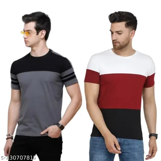Trendy lightweight cotton colorblocked men's round neck t-shirts, short sleeves in multiple sizes from M to XXL