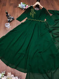 Green georgette long-sleeved embellished gown with matching dupatta, Indian traditional collection, fox georgette fabric, 52-inch flare, hot fix work on neck and sleeves, includes free belt