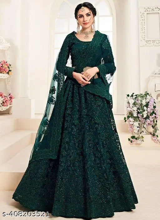 Heavy embroidered bridal Lehenga-Choli set with blouse, intricate net fabric, Indian ethnic fashion