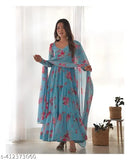 Blue silk anarkali dress with floral print, full flare design, dupatta set, and pallu