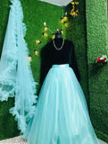 Navy blue velvet lehenga choli with sky dupatta for women, free size, unstitched, India