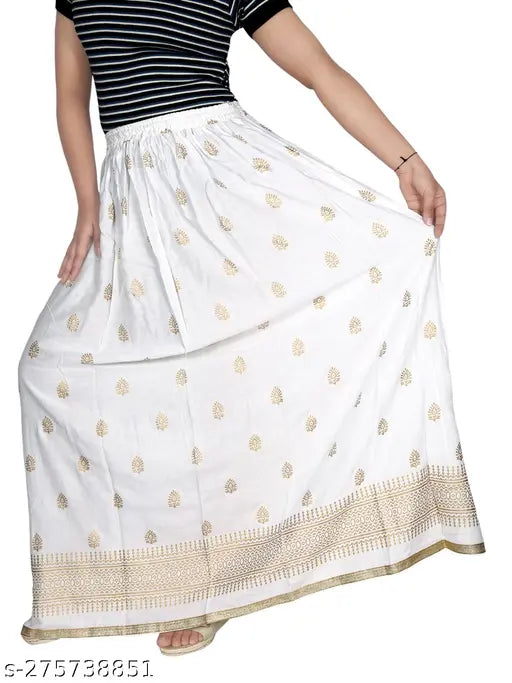 White cotton printed pallu skirt women's fashion