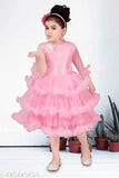 Pink ruffled tulle children's party dress, sash waist design, fastening with buttons