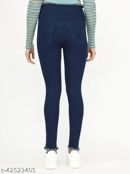 Royal blue denim skinny fit stretchable high waist jeggings for women, solid style with elastic closer, ankle length