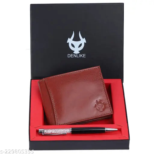 Tan faux leather RFID wallet & pen combo, regular size with 8 card slots for men