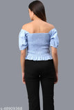 Blue cotton square neck puff sleeve women's top with short sleeves, solid design. Breathable, absorbent fabric for comfort on any occasion. Made in India