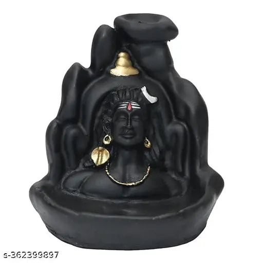 Matte black resin Adi Shankara figurine, Adiyogi Dhyana Mudra smoke fountain with backflow cone, Indian art decor item (10cm x 10cm x 10cm)