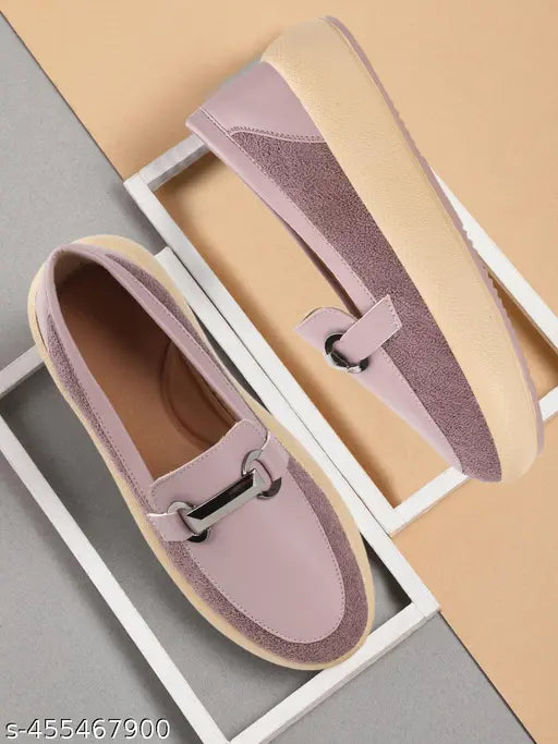 Purple suede slip-on shoes with a single strap closure